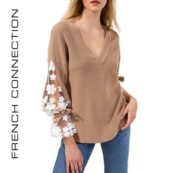 NWT FRENCH CONNECTION Caballo Sweater Camel / White M Knit Floral Lace Sleeves - Picture 15 of 15